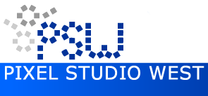 Pixel Studio West logo — a scatter of pixels resolving into the letters P, S and W